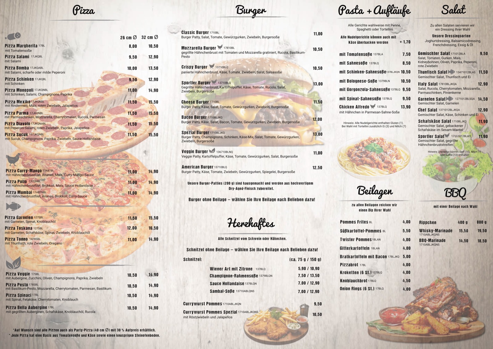 Speisekarte mit Pizza, Burgern, Pasta, Salaten und Schnitzel